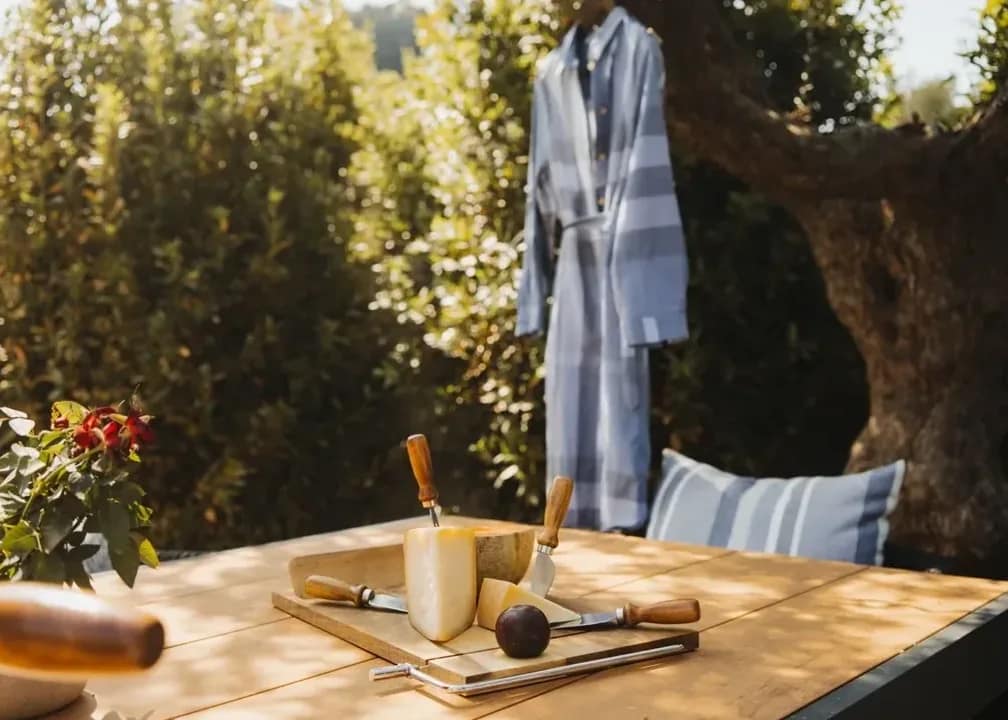 A breakfast tray in the garden, beneath the olive tree