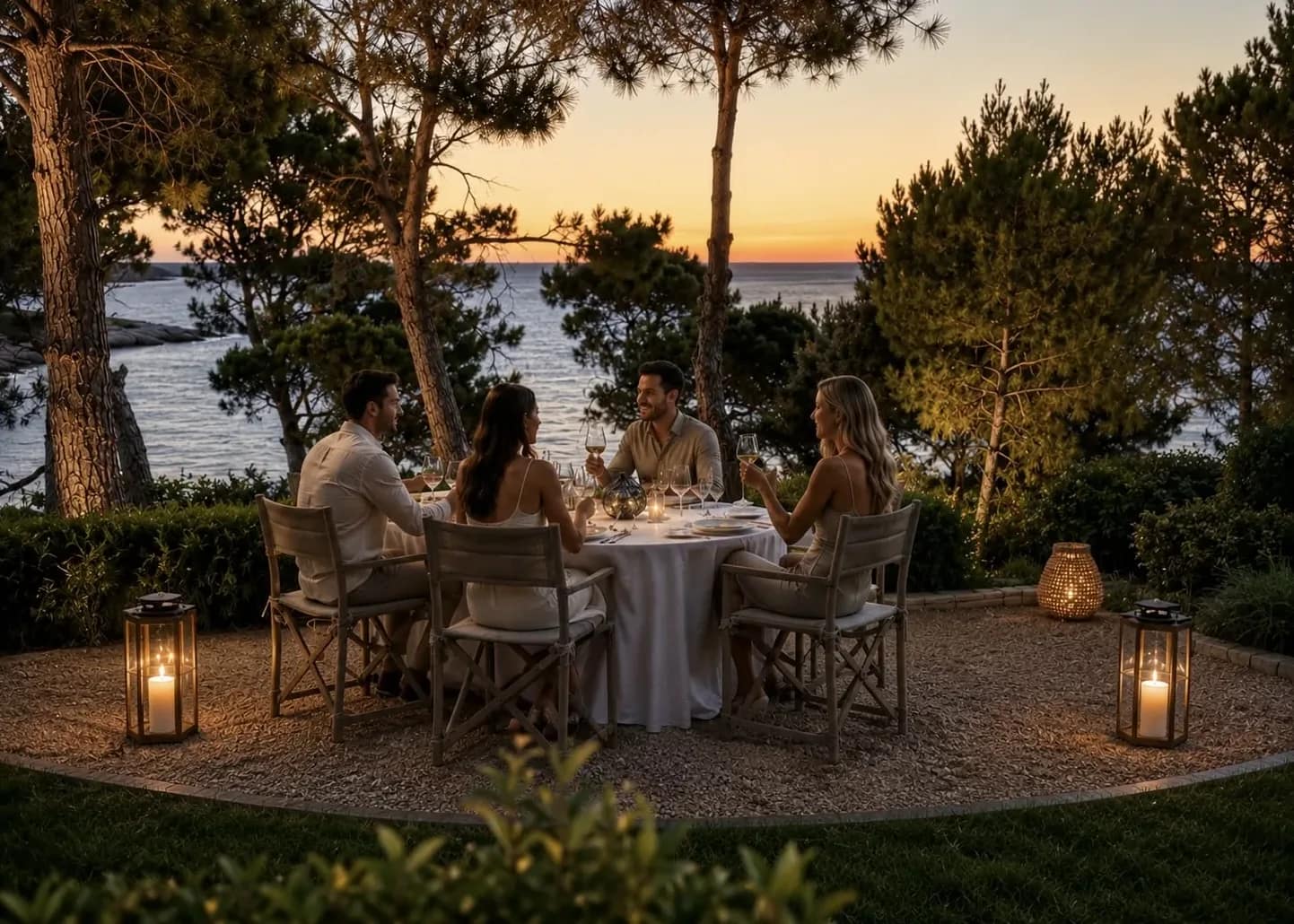 Guests at dinner among the pines, lanterns lit, the sun going down over the sea