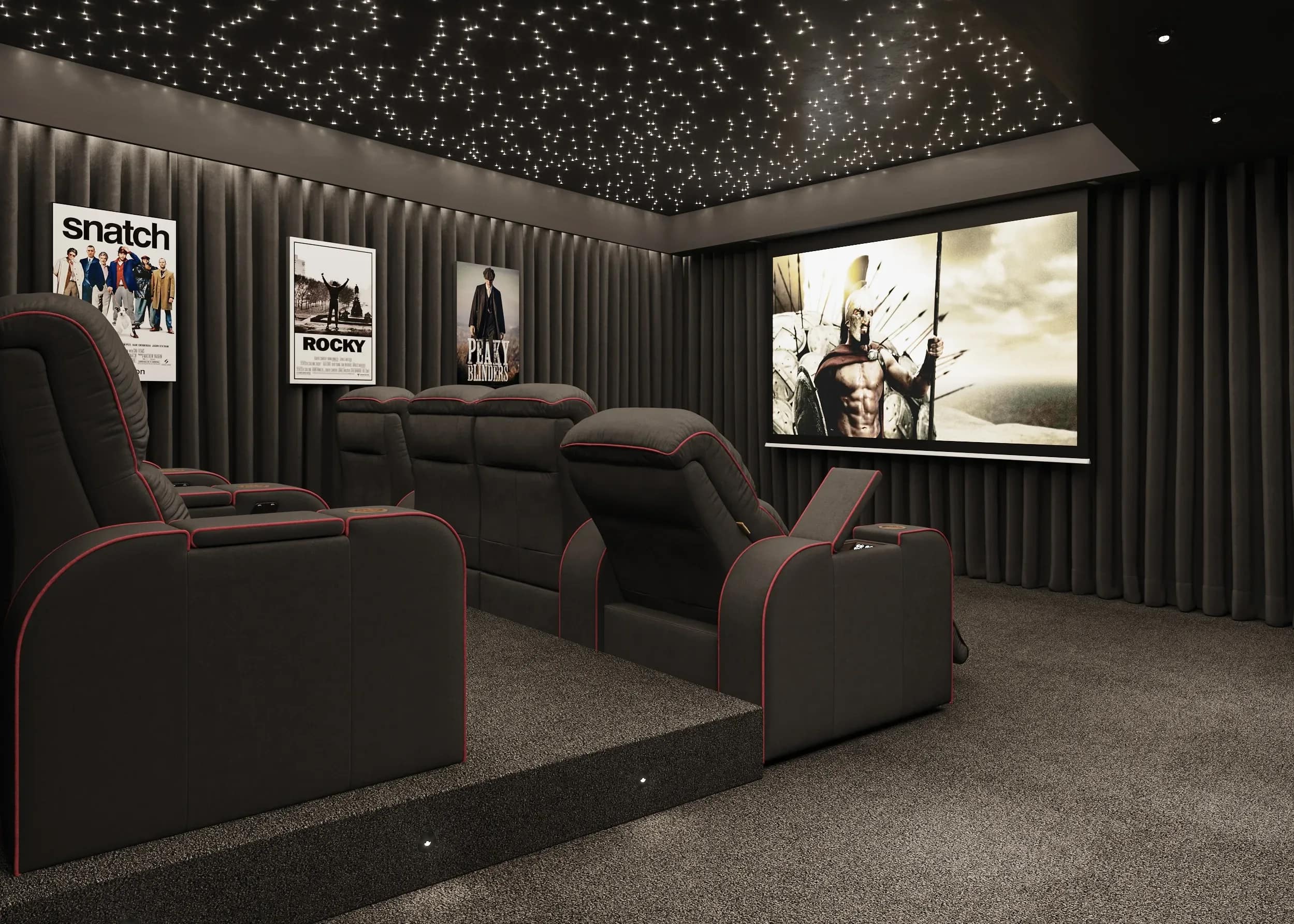 The cinema, recliners beneath a ceiling of stars