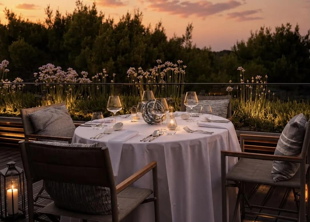 A round table laid at dusk, agapanthus along the rail