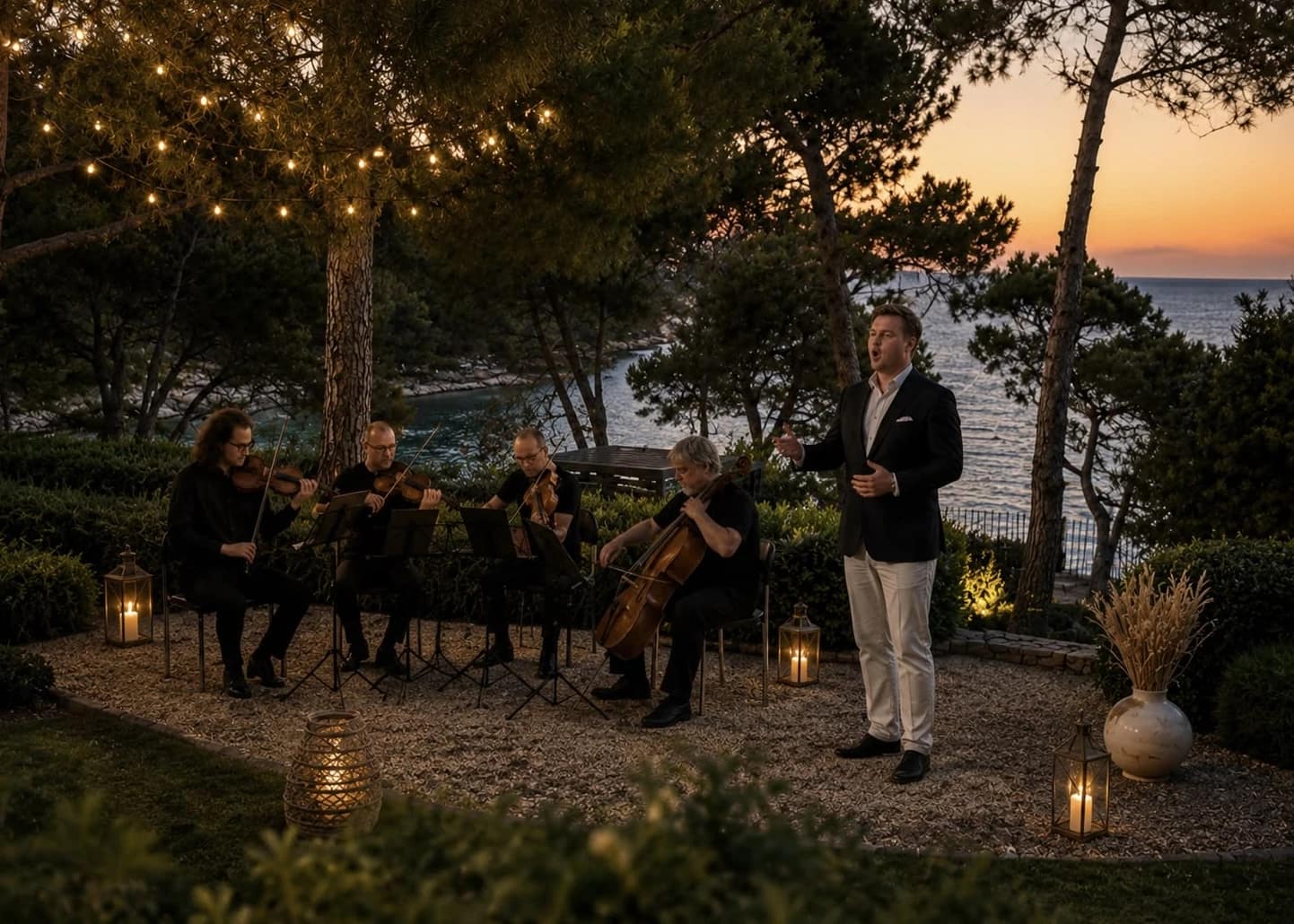 A string quartet and a tenor performing in the garden at dusk, lanterns lit around them