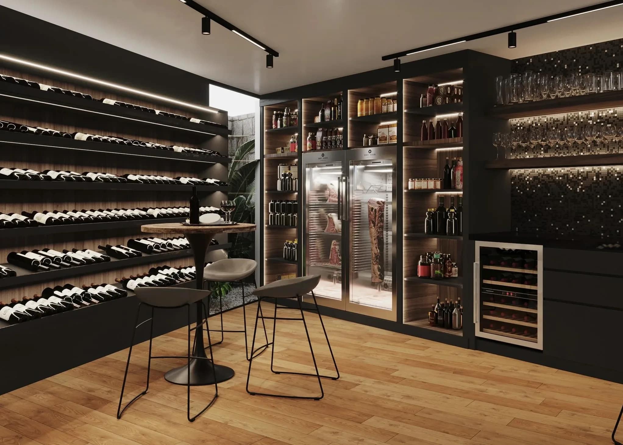 The wine cellar, its tasting table set