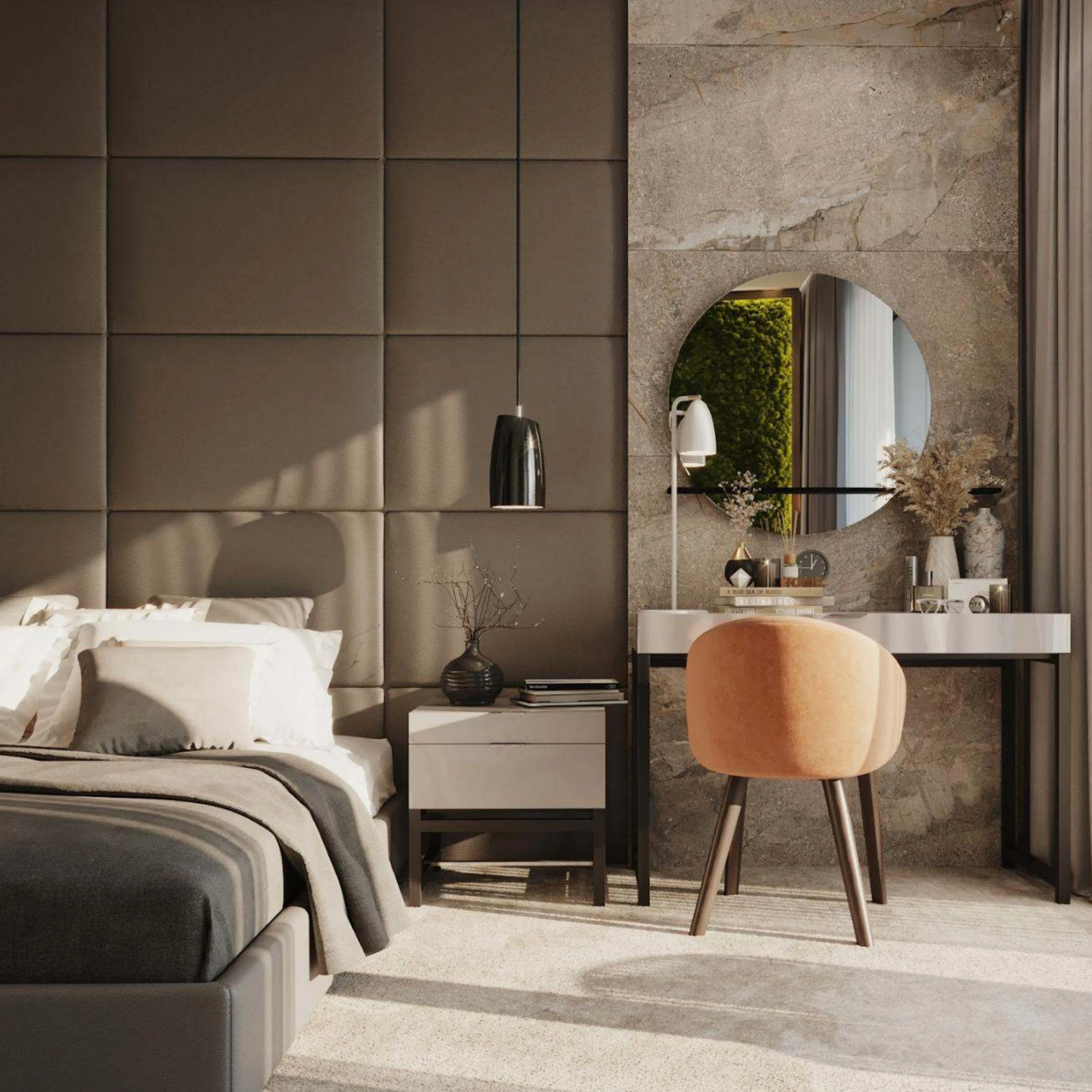 Ambroz suite — quilted brown headboard with the round-mirror stone vanity and pendant light beyond