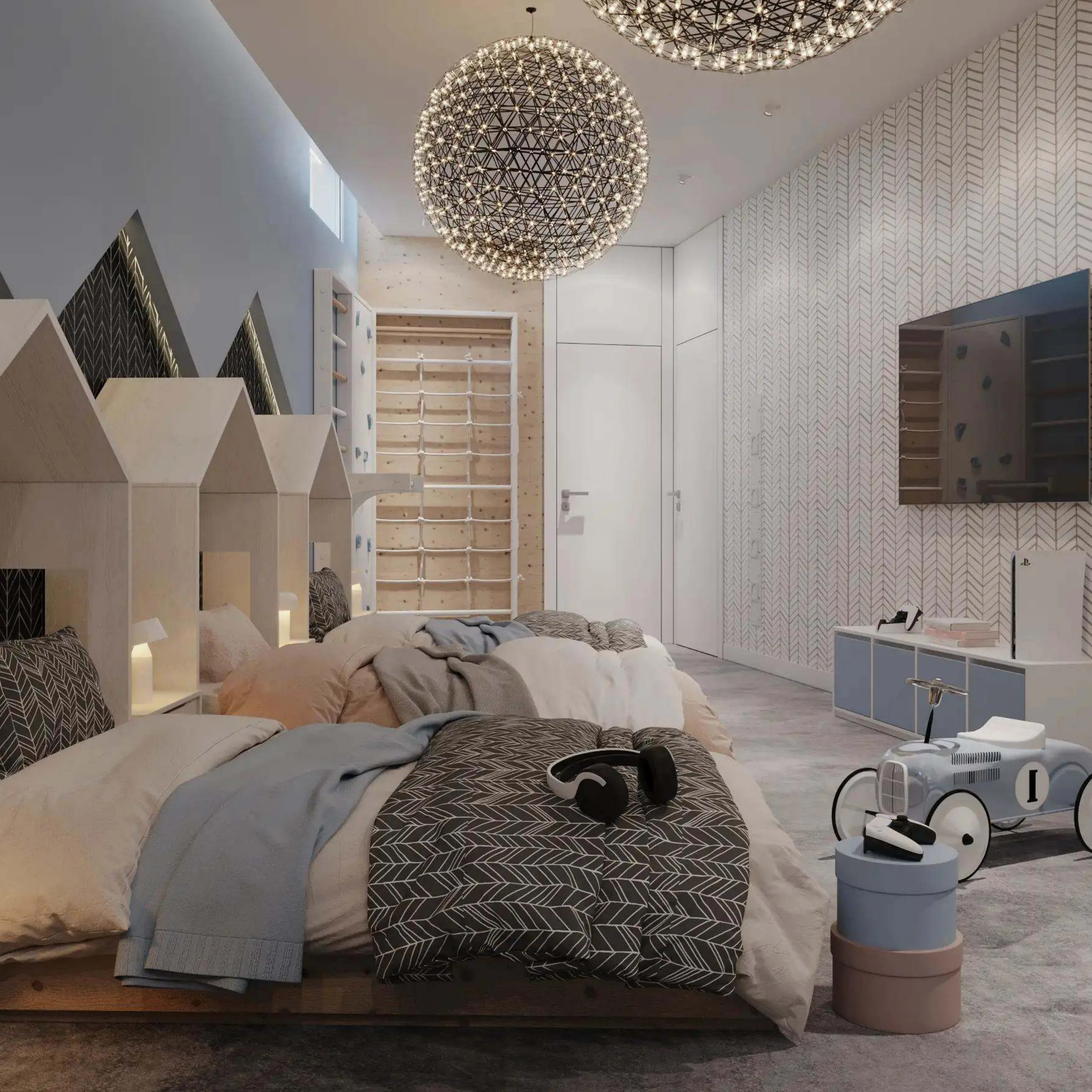 Kids' Dormitory — house-shaped headboards beneath a spherical constellation chandelier