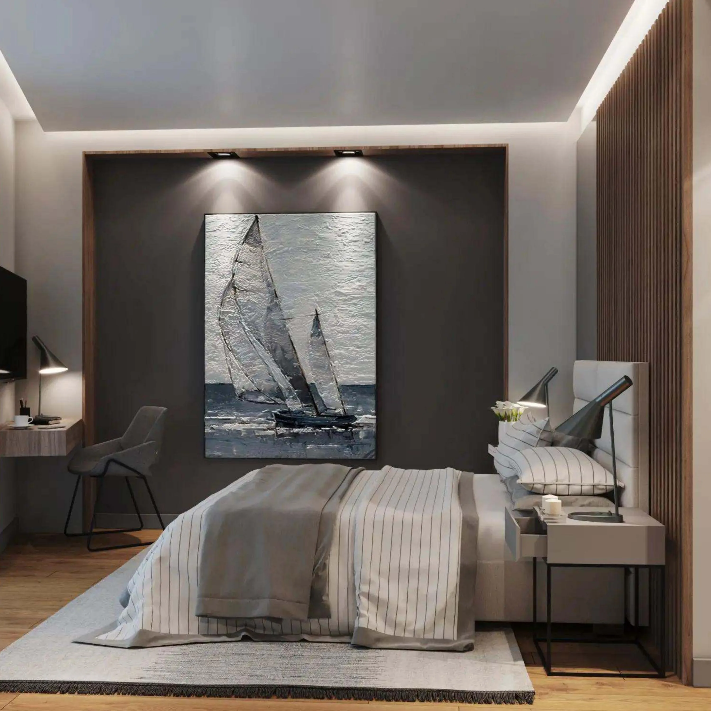 St. Martin Suite — sailboat canvas above the bed in the soundproofed ground-floor annex