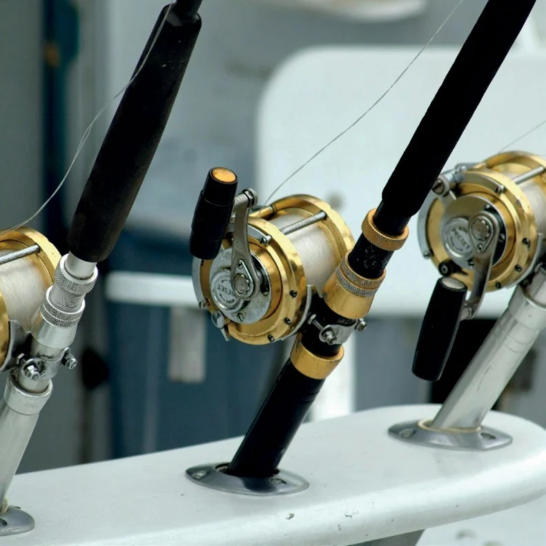 Big-game fishing rods and reels mounted on the gunwale of a sport-fishing boat