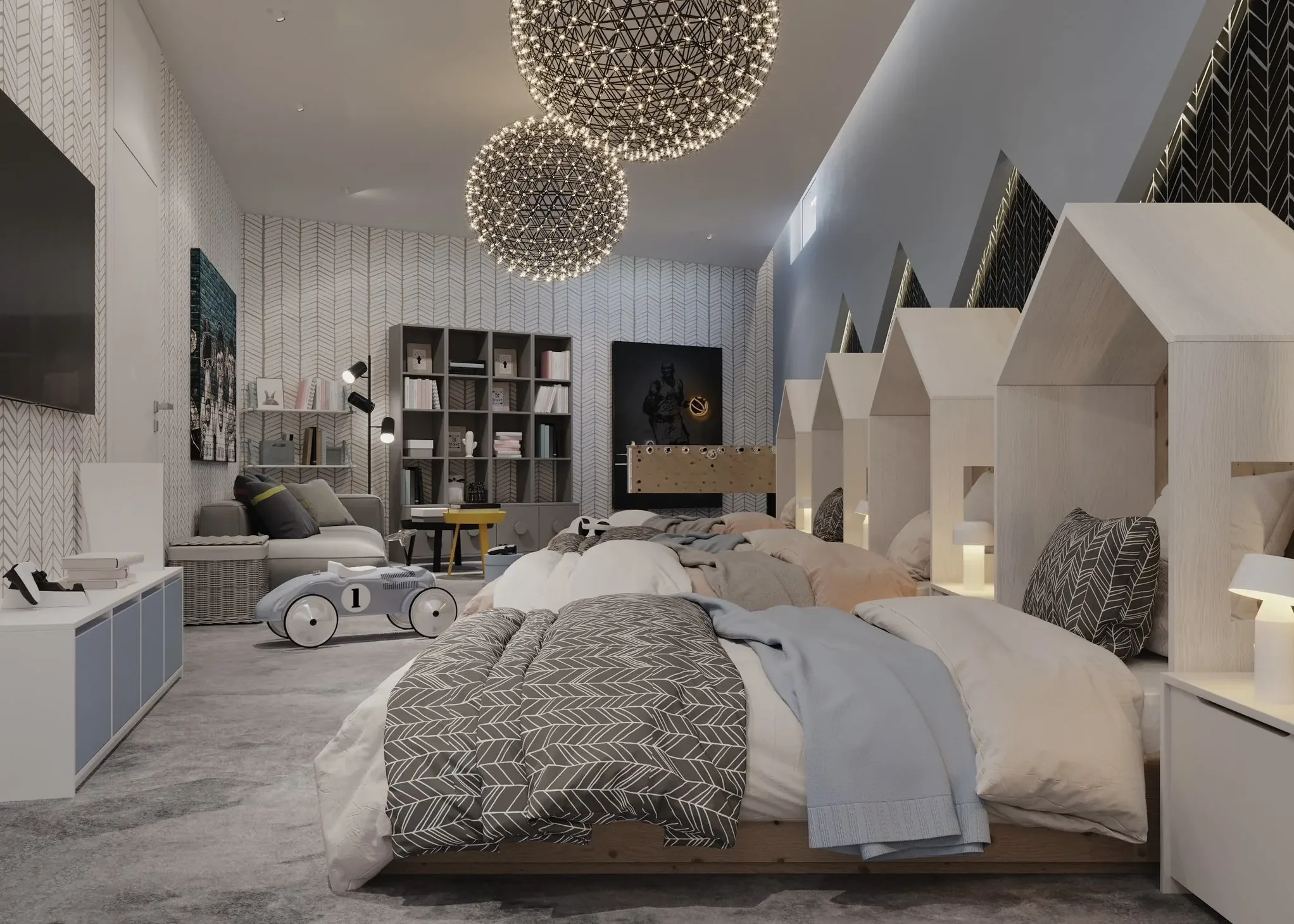 Kids' dormitory — four beds with house-shaped headboards