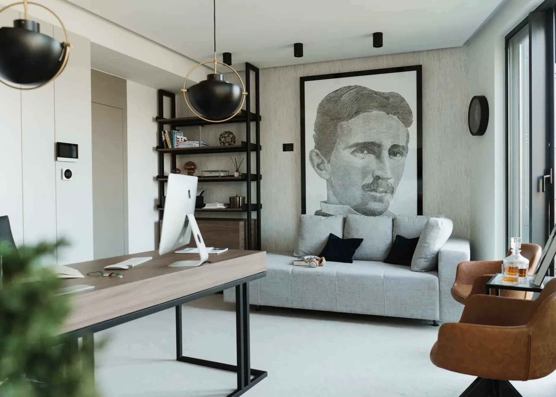 The Tesla office suite — leather chairs, writing desk, framed portrait of Tesla over the bookshelf