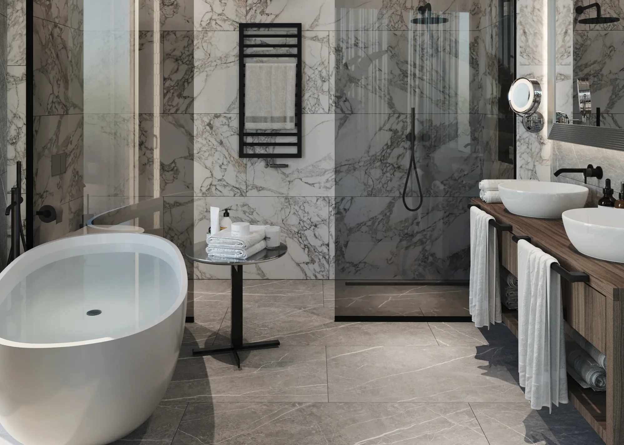 Aldebrand bathroom — freestanding tub, walk-in rain shower and twin basins in book-matched marble
